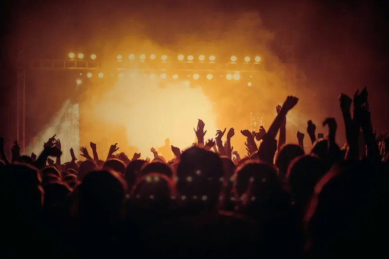 Crowd with raised hands silhouetted against warm golden stage lights and haze