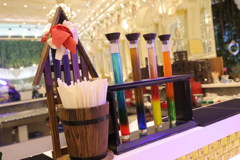 Mocktail bar with colourful drinks served in test tubes