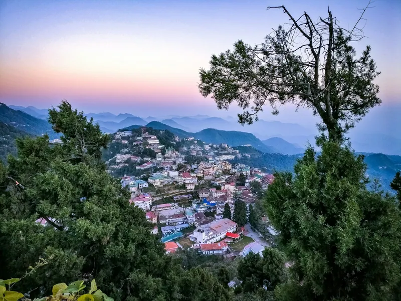 Mussoorie's hillside town framed by deodars under a pastel dusk sky