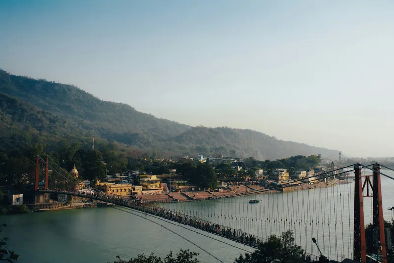 Ram Jhula suspension bridge spanning the Ganga at Rishikesh