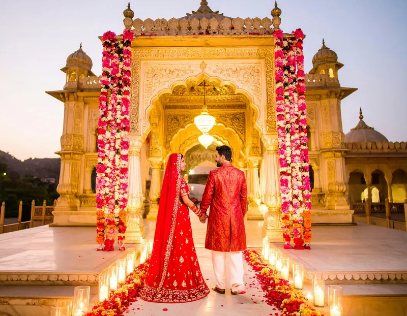 Couple holding hands inside a sandstone chhatri mandap draped in red and pink florals, with a candle-lined aisle at dusk